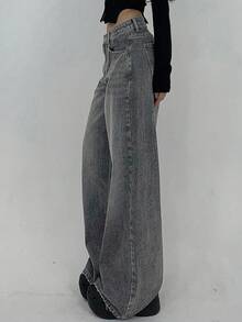 SHEIN Genç Kızlar İçin Sonbahar/Kış Y2K Şehirli Sokak Tarzı Vintage Eskitilmiş Temel Stil Moda Gri Kot Taşlanmış Bol Kesim Geniş Paçalı Bol Kot Pantolon, Sonbahar/Kış Kostümü, Günlük Giyim ve Okula Dönüş, Genç Kız Mezuniyet Balosu, Gece Dışarı Çıkma ve Sokak Giyim İçin, Eski Zengin Tarzı Kot Pantolon - Gri - Görünüm 3