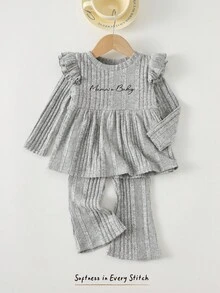 Cozy Pixies 2 pezzi Set di top a maniche lunghe con collo rotondo e volant e pantaloni in vita elastica per bambina, tinta unita