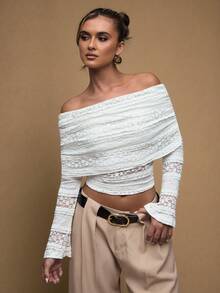 SHEIN BAE Women's Simple And Elegant White Solid Color Perspective Texture Lace Off-Shoulder Slim-Fit Long-Sleeved Top, Lace Top, Brunch Top, Elegant Top, Date, Going Out,Business Casual Woman - White - View 5