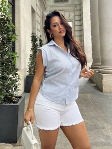 NegzBox Áo sơ mi không tay dây rộng cho nữ, Áo sơ mi sọc cơ bản tay lửng cài nút, Áo sơ mi xếp ly, Trang phục áo sơ mi sọc, Xanh lam và trắng, Áo sơ mi - Xanh và trắng - Xem 3