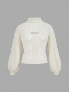 SHEIN MOD Plus Size Knitted Pullover Sweater, Light Apricot Color Knitted Pullover Sweater, 2pcs Set, Reversible, Knitted Vest, Knitted Cover Up,Autumn Pullover, Knitted Long-Sleeved Woolen Suit, Knitted Top Suit, Two-Piece Set (Removable),Fall Sweaters Winter - Apricot - View 10