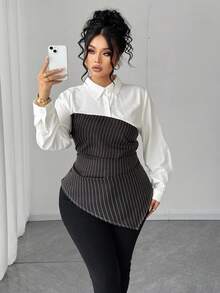 Elenzga Plus Size Women Solid Color Patchwork Long Sleeve Casual Shirt, Pleated Asymmetric Hem Autumn Blouse, Elegant/Office/Date Wear, Two Pieces Striped Shirt. Long Sleeve Shirt For Autumn Fall Cloth For Women