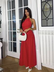 Ronhire New Spring/Summer Casual Vacation One-Shoulder Waist Hollow Asymmetric Design Backless Crisscross Strap Dress - B