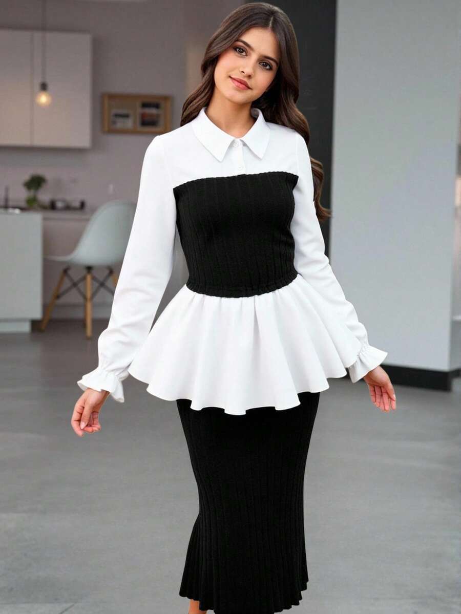 SHEIN 2pcs Teen Girl Shirt Collar Lantern Sleeve Knitted Top & Knitted A-Line Slit Hem Skirt Set