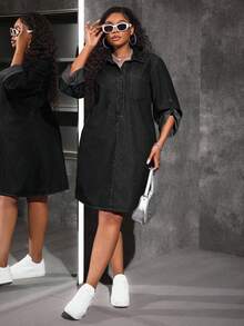 Slaydiva Plus Size Denim Long Sleeve Shirt Dress, Casual Fitted Blue - Black - View 3