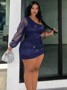 Slaydiva Slayr Plus Elegant Party Sequin & Mesh Patchwork Bodycon One-Shoulder Plus Size Mini Dress - Navy Blue - View 3