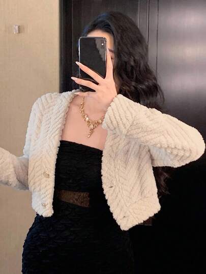 DAZY Chaqueta esponjosa de mujer para otoño/invierno, forro térmico grueso, decoración de botones metálicos, abrigo regular casual y elegante de corte holgado