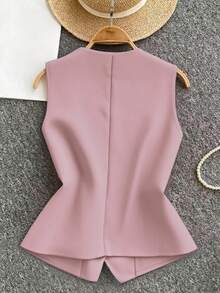 INAWLY Chaqueta ligera de mujer de un solo pecho con cuello en V, sin mangas, de unicolor, adecuada para ir al trabajo en verano - Rosa - Ver 2