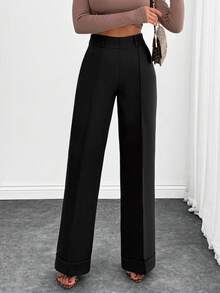 EURMUSE Fashionable Versatile Solid Color High Waist Straight Leg Pants - Black - View 1