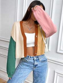 EMERY ROSE Chaqueta de punto de estilo universitario dulce, cárdigan corto holgado de color contrastante para mujer - Naranja - Ver 3