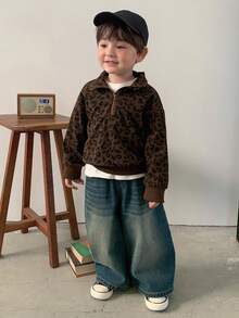 DAZY 男宝宝韩版豹纹翻领宽松长袖上衣秋冬