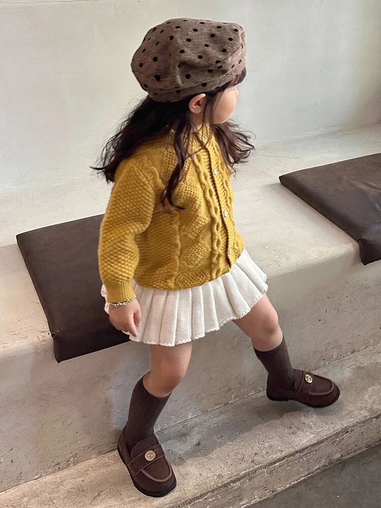 Baby Girl Solid Color Cable Knit Twist Front Long Sleeve Cardigan Clothes