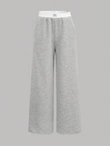 SHEIN Girlism 2 件套青少年女孩纯色黑色、白色、灰色休闲针织运动裤，配有撞色腰带，宽松慢跑裤