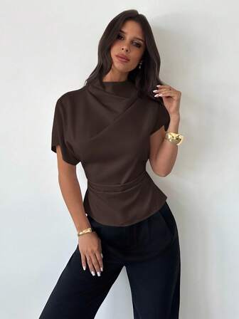 Firerie Crinkle Collar Asymmetrical Sleeve Side Ruched Cinched Waist Commuter Apricot Bamboo Linen Fabric Women Shirt, All Season,Blusas Femininas Elegante