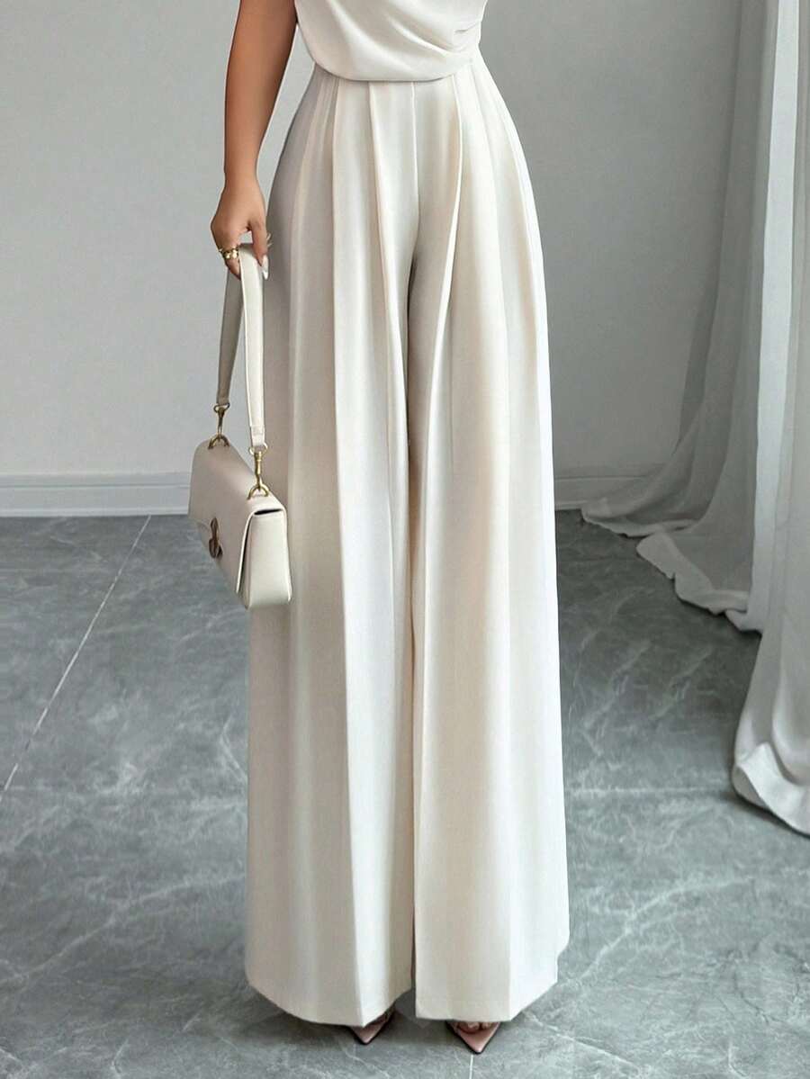 SHEIN Clasi Quần ống rộng xếp ly màu trơn đơn giản cho nữ - Màu be - Xem 1