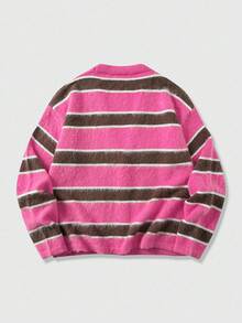 ROMWE MEN Prep Men's Striped Long Sleeve Single-Breasted Casual Loose Knit Cardigan , Fall Winter - Hot Pink - View 3