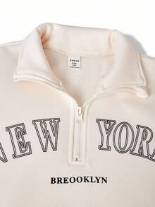 SHEIN ChillGRL Tween Girls 2pcs Set, New York Letter Graphic Mock Neck Sweatshirt And Shorts, Casual For Spring,Autumn & Winter - Apricot - View 7