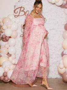 Loomaby Elegant Floral Print Mesh Dress For Pregnant Women, Party Wear Maternity Dress For Baby Shower Pink Floral Maternity Dress Babyshower Dress Pregnancy Photoshoot Dress Maternity Baby Shower Outfit  Dress Gender Reveal Dress Maternity Dress Baby Shower Dress Babyshower Dress Maternity Pink Floral Women Dress Baby Shower Guest Outfit Pregnancy Dress For Photoshoot