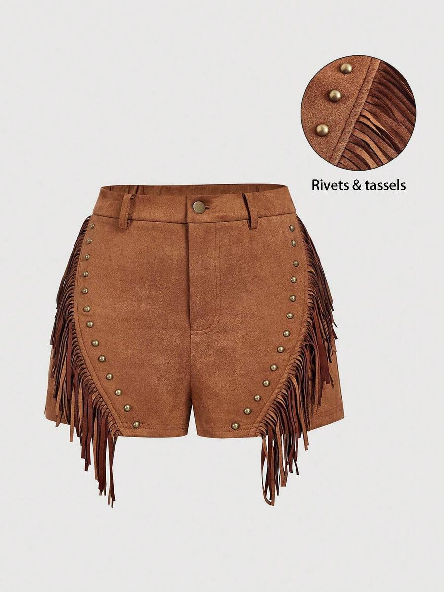 SHEIN MOD Vintage 70s Asymmetric Placket Shorts With Fringe Trim, Nomad Apparel, Bohemian Style, Western Wear, Date Party, Holiday , Country Concert Fringe Shorts Western Shorts Tassel Shorts Cowgirl Shorts Brown Suede Shorts - Khaki - View 1