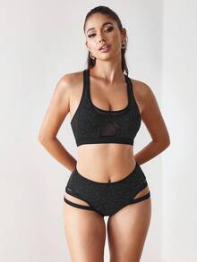 Menodora SHEIN Sport Women's Shiny Mesh Patchwork Sports Bra And Hollow Out Design Briefs Set Glow Mode Active Wear Sports Bras - Black - View 4