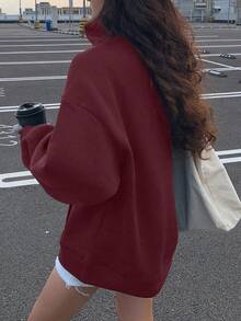 DAZY 女士秋冬撞色领保暖宽松卫衣 - 酒紅色 - 查看 3