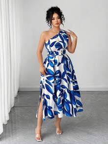 Vestido elegante de mujer de talla grande con estampado floral azul y blanco, elegante y chic para fiestas, graduaciones, vacaciones, festivales, citas, bodas y salidas - Blanco - Ver 4