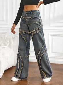 SHEIN Tall Women's Contrast Color Vintage Style Casual Everyday Denim Jeans - Blue - View 4