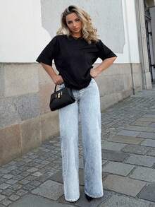 Jeta Ari 女式宽松口袋阔腿休闲牛仔裤 - 淺色水洗藍 - 查看 6