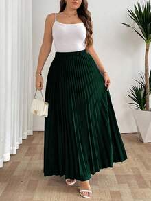 SHEIN Tall Elegant, avslappnad semesterkjol för kvinnor med lös plissering och resår i midjan, svart, plus size - Mörk Grön - Visa 4