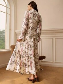 Omancia 2025 秋季新品法式优雅精致天丝彩色刺绣荷叶边领长袖衬衫和飘逸中裙套装，适合通勤、度假、约会、郊游、节日、花园、家庭聚会、劳动节、节日、独立日、返校、教师装、万圣节、感恩节 - 粉色 - 查看 2