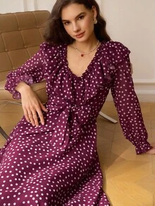Omancia 2025 秋季新款法式优雅奢华荷叶边 V 领长袖蝴蝶结腰部波点连衣裙，适合约会、郊游、度假、花园、家庭聚会、劳动节、宴会、派对、晚会、婚礼、节日、独立日 - 酒紅色 - 查看 4