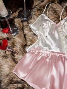 SilkySpell Satin-Like Cute Polka Dot Print Camisole & Shorts Women Pajama Set Satin Sleepwear Set Satin Pj Set Satin Lingerie Set Lingerie Sleep Set