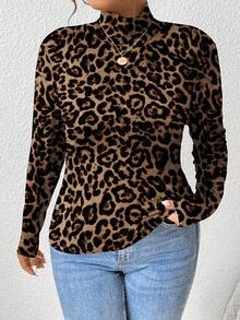 SHEIN Frenchy تي شيرت كاجوال بسيط بمقاس كبير وطبعة نمر كاملة العرض بياقة عالية وأكمام طويلة، تصميم حيواني لطيف بنقشة الفهد للربيع والخريف - متعدد الألوان - مشاهدة 3