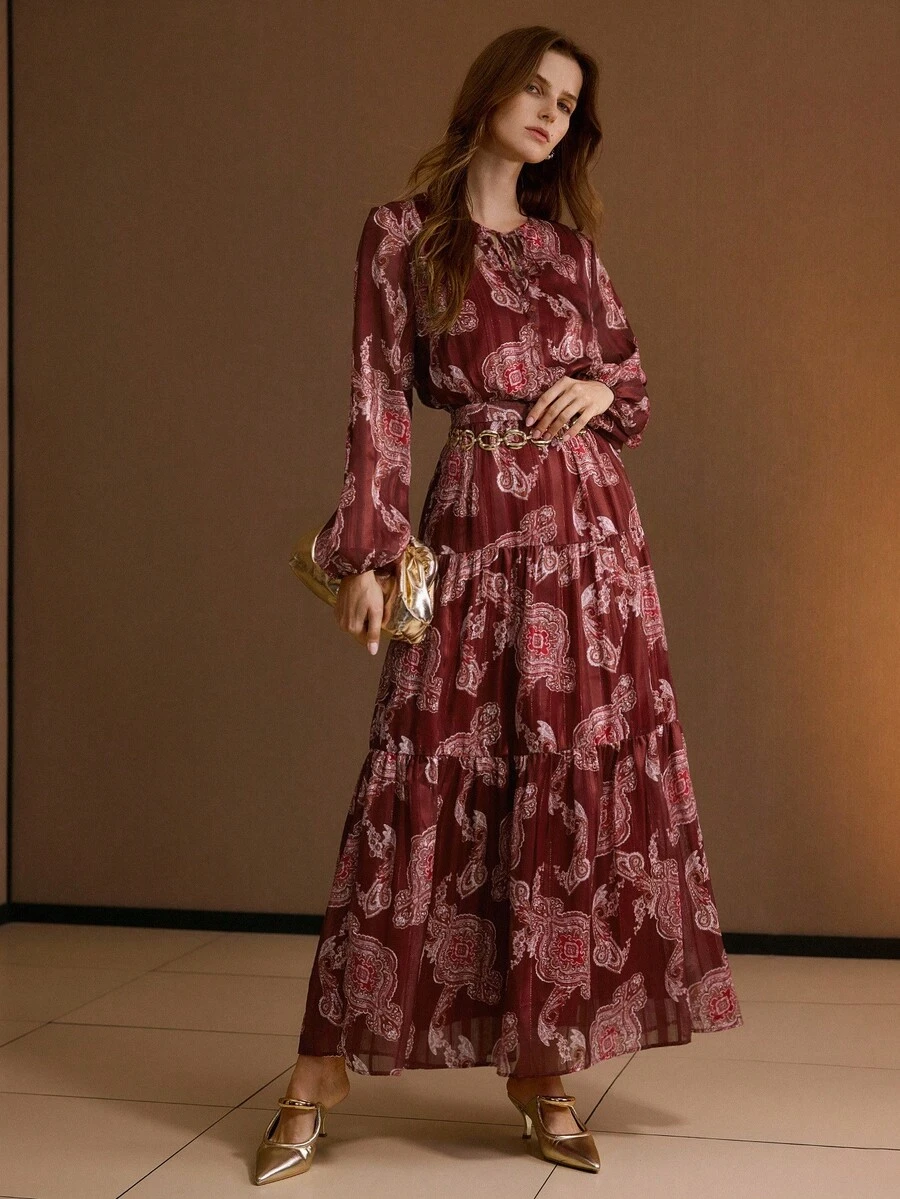 MOTF PREMIUM ALLOVER PRINT TIE NECK LANTERN SLEEVE RUFFLE HEM LONG DRESS WITHOUT CHAIN BELT - Red - View 1