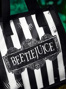 Beetlejuice X SHEIN 1 件条纹和字母图案隔热午餐袋，可保持食物温暖或冷藏，大容量野餐袋可容纳午餐盒和饮料，适合野餐、露营、旅行、家用、家庭、学生、设计 - 黑與白 - 查看 4