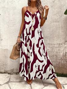 Breezaya Vestido sin mangas de corte evasé con estampado floral, ideal para vacaciones y uso casual - Burdeos - Ver 3