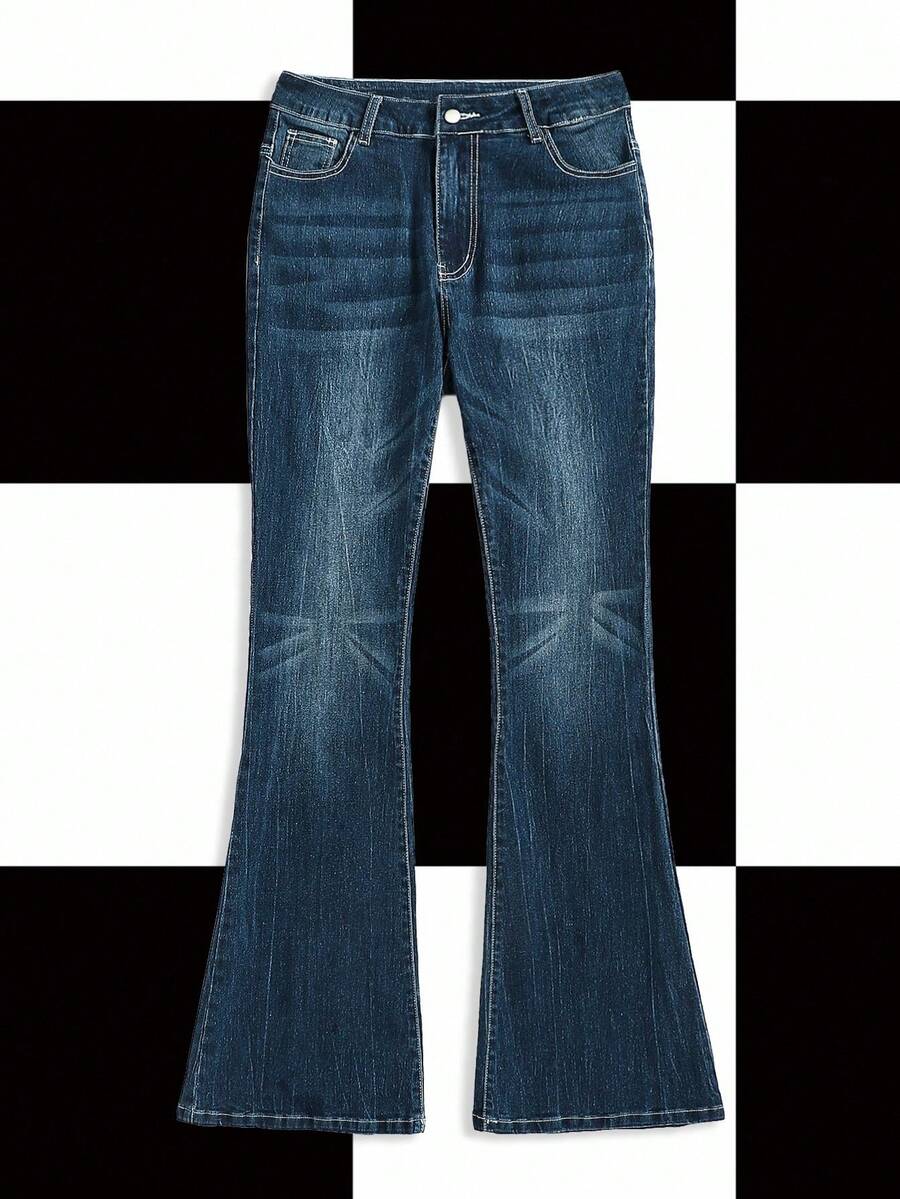 Shutterstock Y2Kool Women's Casual Washed Slim Fit Flare Jeans Matching Idea Stylish Clothing Collection New Year Outfits Gyaru Cotton - Blue - View 1