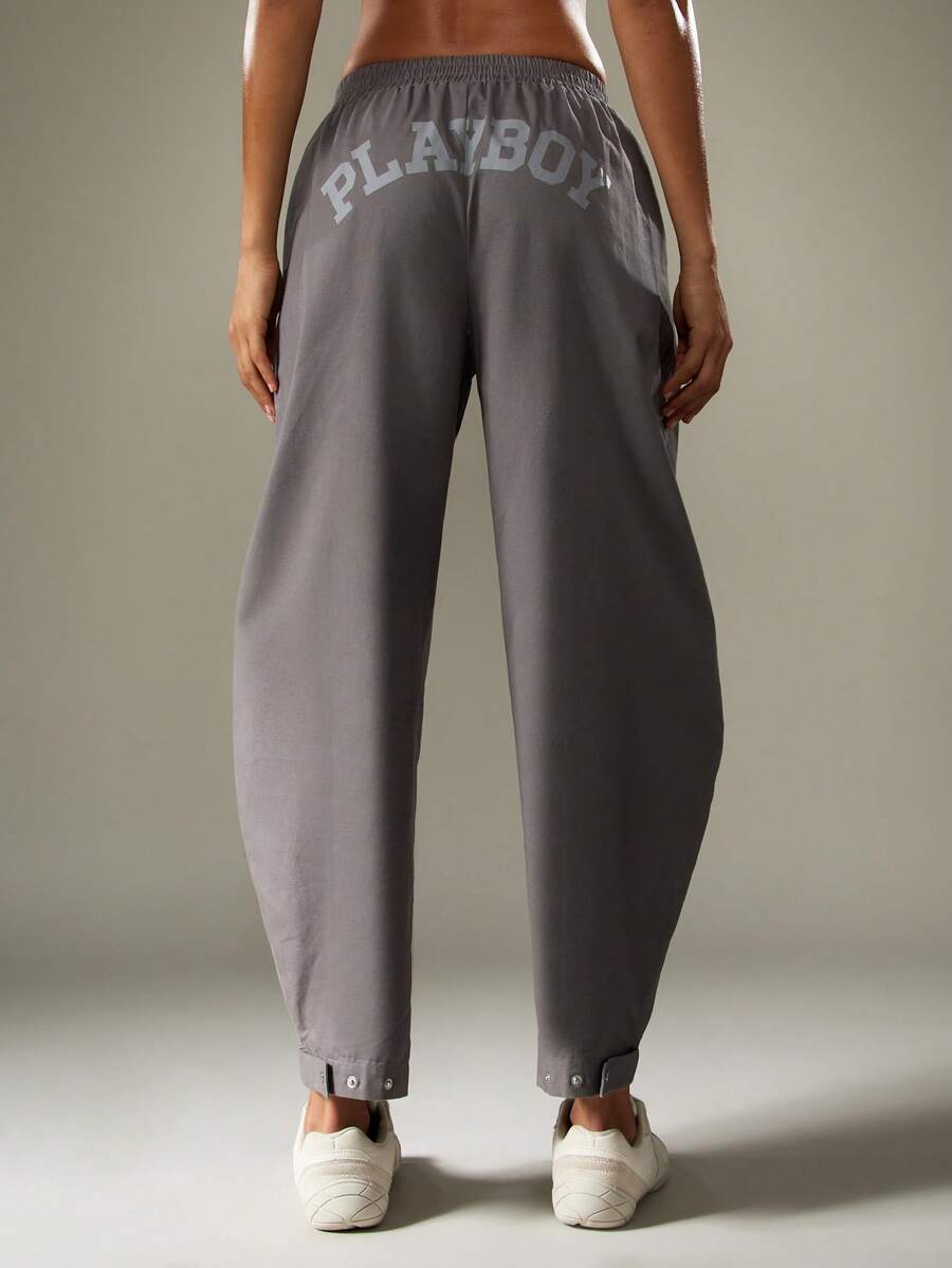 Missguided x Playboy Relaxed Barrel Leg Sweatpants With Logo Print Casual Jogging Pants Wide Leg Trousers - Dark Grey - View 1
