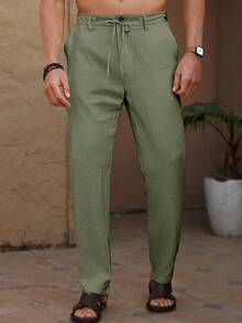 Manfinity RSRT 男士宽松抽绳腰纯色休闲度假裤，适合秋季 - 草綠色 - 查看 5