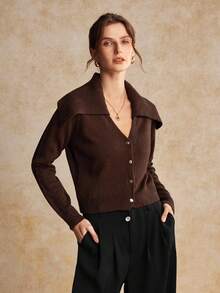 House of One Exaggerated Collar Cardigan Solid Sweater Women Autumn Winter Elegant Casual Wear