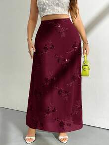 Firerie Plus Size Sequin Decor Casual Skirt - Burgundy - View 5