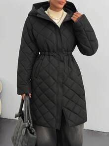 EURMUSE Women, Winter, White, Snow, Ski, Quitted, Curve Hem, Snap Button, Regular Fit, Adjustable Waist, Pocket, Zipper - Black - View 5