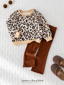 Cozy Pixies 2pcs Baby Girl Leopard Print Knit Soft Crew Neck Long Sleeve Pullover Sweatshirt And Solid Color Elastic Waist Pants Set Fall Winter - Multicolor - View 3