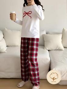 Genkimix Kids Girls Pajamas Sleepwear Set, Bow Embroidered Top + Plaid Pants, Loose Fit, Comfortable & Sweet Home Outfit For Spring & Autumn Fall Winter - Red and White - View 3