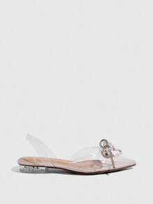 CUCCOO SZL Giày bệt mũi nhọn gót thấp cho nữ, quai PVC trong suốt màu be với nơ đính đá giả ngọc trai, giày bệt hở gót gợi cảm và thanh lịch cho mùa Giáng sinh. - Màu be - Xem 4