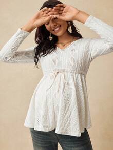 Boho Mama 孕妇几何纹理抽绳腰V领长袖T恤 - 杏色 - 查看 6