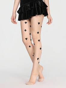 ROMWE Kawaii 1 双女士扑克牌印花长袜，适合搭配裙子，四季皆宜 - 米色 - 查看 4