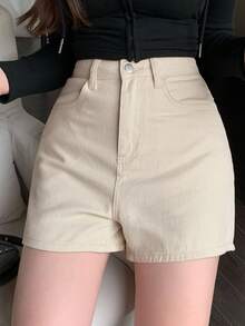 DAZY Solid Slant Pocket Denim Shorts - Beige - View 4