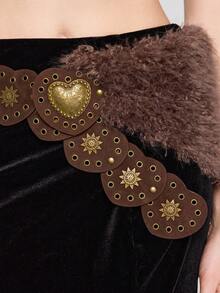 ROMWE J-Fashion 1 件棕色心形毛绒装饰金属配件，波西米亚西部风格装饰，适合连衣裙、牛仔裤、百搭日常穿着 - 棕色 - 查看 5