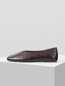 MOTF 女士法式复古纹理PU皮革石纹方头平底鞋，棕色百搭单踏板防滑简约休闲优雅高贵玛丽珍鞋